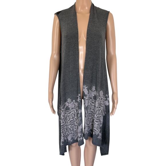Y2K Dark Gray Rhinestone Boho Duster Vest Longline Grunge Open Front Layering L - Picture 2 of 7